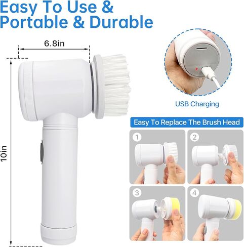 Electric Spin Scrubber，Cordless Spin Scrubber with 5 Replaceable Brush Heads for Bathtub, Floor, Sink，Wall, Tile, Toilet，Car, White, W-001 in Saudi Arabia