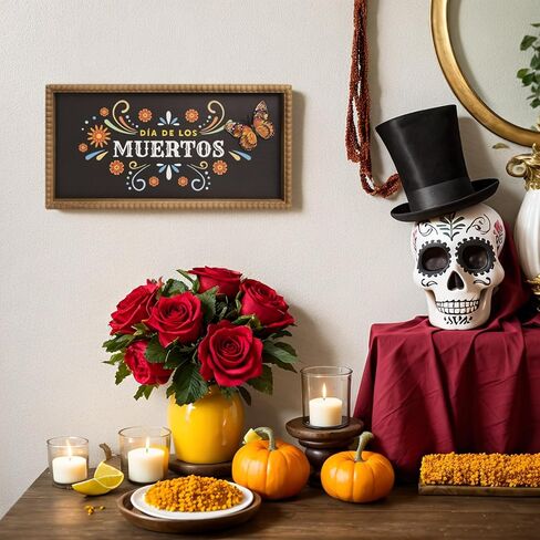 علامة Dia De Los Muertos، 15.7 × 7.9 بوصة ديكور فني جداري خشبي ليوم المذبح الميت، رف طاولة Ofrenda عباءة ديكورات داخلية للمنزل in Kuwait