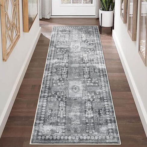 Washable Runner Rug, 2'x8' Non-Slip Vintage Hallway Rug Runner with Rubber Backing, Stain Resistant & Low Pile Faux Wool Distressed Carpet for Bedroom Kitchen Laundry Entrance Grey in Saudi Arabia