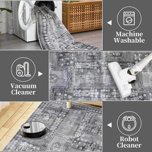 Washable Runner Rug, 2'x8' Non-Slip Vintage Hallway Rug Runner with Rubber Backing, Stain Resistant & Low Pile Faux Wool Distressed Carpet for Bedroom Kitchen Laundry Entrance Grey in Saudi Arabia