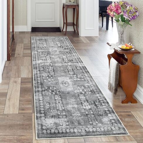 Washable Runner Rug, 2'x8' Non-Slip Vintage Hallway Rug Runner with Rubber Backing, Stain Resistant & Low Pile Faux Wool Distressed Carpet for Bedroom Kitchen Laundry Entrance Grey in Saudi Arabia