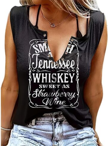 Women's Smooth As Tennessee Whiskey Sweet As Strawberry Wine T Shirt V Neck Ring Hole Short Sleeve Country Music Tee Top in Saudi Arabia