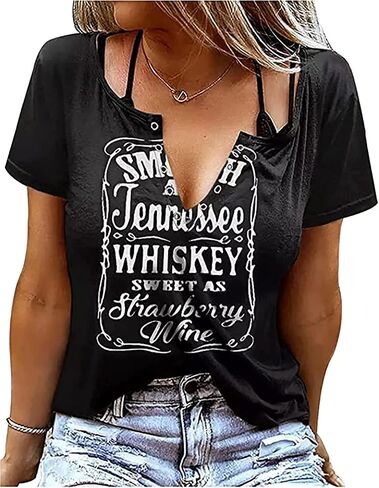 Women's Smooth As Tennessee Whiskey Sweet As Strawberry Wine T Shirt V Neck Ring Hole Short Sleeve Country Music Tee Top in Saudi Arabia