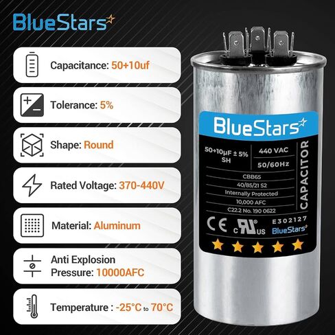 50+10 فائق التوهج 370-440VAC ±5% فولت قطعة غيار كهربائية لمكثف التشغيل الدائري من BlueStars - مناسب تمامًا لأنظمة التدفئة والتهوية وتكييف الهواء ومكيفات الهواء والمضخات الحرارية in Saudi Arabia
