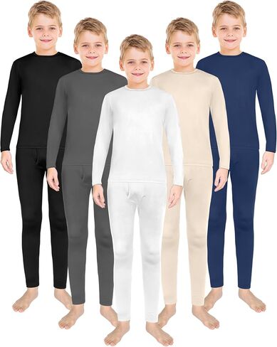 Silkfly 5 Set Boys Thermal Underwear Soft Fleece Lined Long Johns Kids Base Layer Top Bottom Warm Set for Winter Skiing in Saudi Arabia