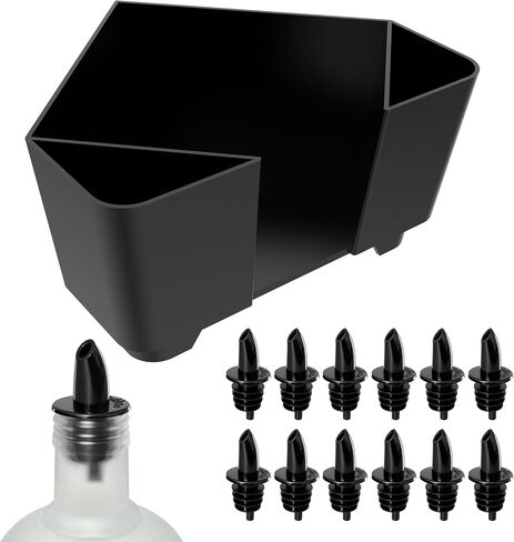 Esatto Bar Products علبة قضيب بلاستيكية مثلثة مع مقصورات متعددة الوظائف، أداة شريط احترافية تستخدم لتنظيم عناصر البار ومساحة العمل بسهولة، أسود، مع 12 أداة سكب بلاستيكية سوداء متضمنة in Saudi Arabia