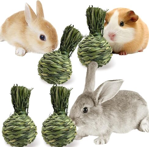 Hamiledyi Bunny Grass Ball 4 Pcs Rabbit Natural Timothy Grass Small Animal Activity Play Chew Toy for Hamster Guinea Pigs Gerbils in Kuwait