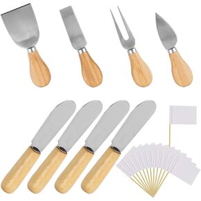 DaKuan Wood Handle Cheese Knives Spreaders Set with Blank Toothpick Flags, 10 Pieces Cheese Slicer Cheese Cutter Condiment Knives Set and 100 Pieces White Flags Labeling Cheese Markers