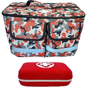 Waterproof First Aid Bag - 18 Pcs Starter Emergency Kit Bag w/Q-tips,Scissors, Wipes, & More - Red Camouflage First Aid Kit for Home or Travel - Polyester EMS Bag for Coaches, EMS Workers, & More