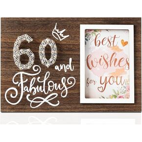 InnoBeta Birthday Gifts for Women, Female, Her - Wood Picture Frame, 4"x6" Photo, Wall & Tabletop Birthday Decorations Gifts Ideas - Rustic Wooden Home Decor - 60 and Fabulous