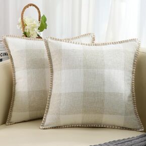 decorUhome Fall Buffalo Plaid Check Throw Pillow Covers 18x18 Set of 2, Halloween Outdoor Decorative Farmhouse Pillow Covers with Stitched Edge for Bed Couch Sofa, Cream White and Beige