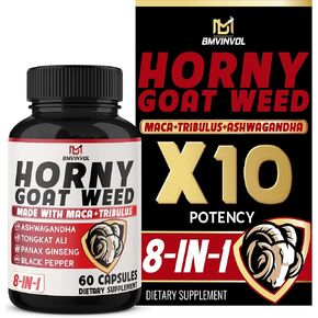 BMVINVOL Horny Goat Weed Capsules with Panax Ginseng, Tribulus, Ashwagandha, Maca, Tongkat Ali, Nettle, Black Pepper - 60 Capsules