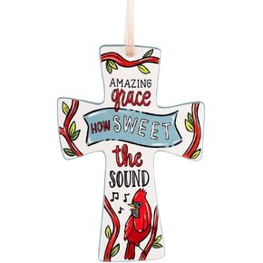 Glory Haus "Amazing Grace Red Bird Wall Cross - Ceramic Cross Decor, 4.5"x 6.5" Decorative Cross, Faith-based Home Accent, Christian Decorations, Inspirational Lyrics Art, Ready-to-Hang Design