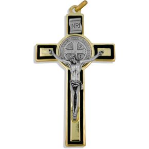 Large Saint Benedict Cross with Black Enamel Inlays (Latin Style, Silver Cross)