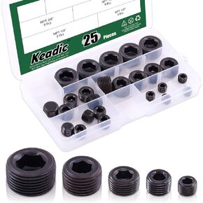 Keadic 25 Pieces Black Carbon Steel Pipe Plugs Fitting Set, 1/8 1/4 3/8 1/2 3/4 inch NPT Pipe Plug Brass Pipe Fitting Internal Hex Thread Socket for Closing the End of Pipe