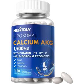 Liposomal Calcium AKG Supplement 1500mg with Vitamin D3 & K2 Softgels for Women & Men, Calcium Supplement with Magnesium Glycinate, Boron, Probiotics & Vitamin C for Bone Health & Energy - 120Cts
