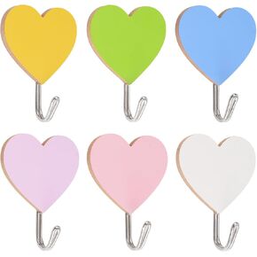 MOROBOR Wood Heart-Shaped Self-Adhesive Hooks, 6pcs Strong Self-Adhesive Wall Hooks for for Bathroom Kitchen Office/Pink