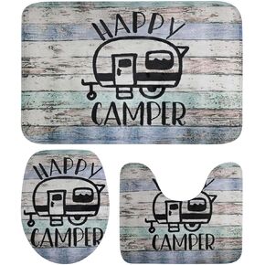 Syhonic Bathroom Rugs Sets 3 Piece, Happy Camping Bath Rug, Contour Mat and Toilet Seat Cover, Super Soft Non-Slip Bath Mats for Bathroom Floor, Tub and Shower Room