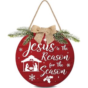 Christmas Decorations Wooden Hanging Sign Jesus is The Reason for The Season Xmas Door Hanging Sign Christmas Nativity Scene Front Door Sign Wreath for Xmas Holiday Front Door Wall Decoration (Red)