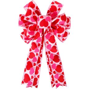 Valentine's Day Bows, Large Red Heart Printed Valentine's Day Wreath Bow Gift Bow Tree Topper for Valentine's Day Wedding Mother's Day Front Door Wreath Home Indoor Outdoor Decorations