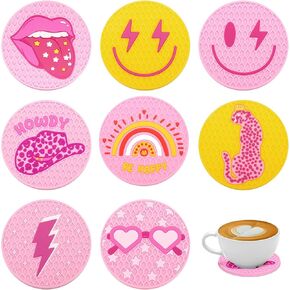 Lallisa 8 Pcs Preppy Car Coasters Pink Car Accessories for Woman Smile Face Leopard Cup Holder Preppy Drink Coaster Anti Slip Heat Resistant Cup Mat for Auto Home Office Table 2.8''(Silicone)