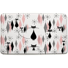 Mid Century Black Cat Bath Mat Atomic Cat Modern Abstract Geometric Pattern 1950s Vintage Pink Bathroom Decor Microfiber Memory Foam Backing Bath Rugs18x30 Inch