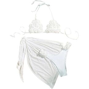 WDIRARA Women's 3 Piece 3D Floral Decor Tie Backless Halter Triangle Bikini Set with Mini Mesh Coverup Skirt