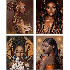 Black Girl African Woman Wall Art Aesthetic Posters, Retro Style Black Woman Ethnic Theme Canvas Art Prints for Girl Room Bedroom Home Decor, Vintage African Decoration, Set of 4 (8"X10" Unframed)