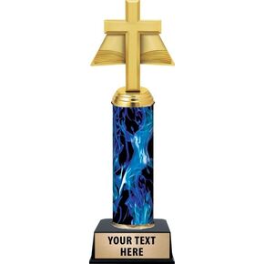 Personalized Religion Trophy, 11" Blue Open Bible and Cross Trophy Award, Customize Now Prime