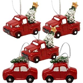 Red Truck Christmas Ornaments - 3 Pickup Trucks and 2 Cars Carrying Christmas Trees for The Holidays. Vintage Xmas Ornaments Use in Crafting Each Measures 2" W X 1.5" H