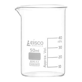EISCO Beaker, 50ml - Low Form with Spout - White, 10ml Graduations - Borosilicate 3.3 Glass