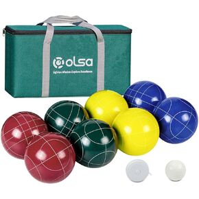 Olsa 90/100/107mm Bocce Balls Set, Bocci Ball Game Set with 8 Poly-Resin Balls, 1 White Pallino, Premium Carrying Bag, Measuring Tape for Outdoor Backyard Lawn Beach