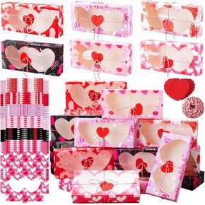 ReliThick 36 Pcs Valentine's Day Bakery Treat Boxes Valentine's Day Cookie Boxes with Heart Shape Window 12" x 5.5" x 2.5" Bakery Take out Containers with Tags and Rope for Candy Dessert Packaging