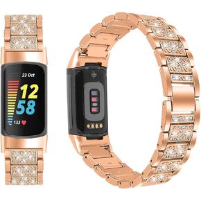 متوافق مع سوار Fitbit Charge 5 للنساء، سوار بديل من الفولاذ المقاوم للصدأ اللامع Charge 5 وسوار ساعة بديل + حجر الراين الكريستالي اللامع متوافق مع Fitbit Charge 5 in Kuwait