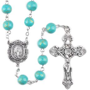 Our Lady of Grace Blessed Virgin Mother Mary Catholic Religious Gifts 7mm Cyan Blue Stone Rosary Rosaries Beads
