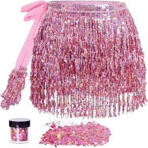 Sequin Tassel Skirt Belly Dance Hip Scarf Wrap with Glitter Sequins Sparkly Fringe Skirt Rave Festival Halloween Outfit