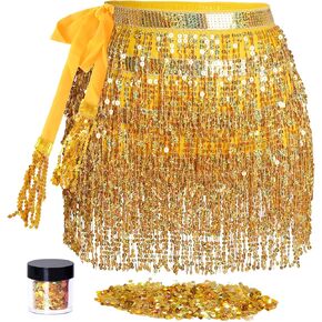 Sequin Tassel Skirt Belly Dance Hip Scarf Wrap with Glitter Sequins Sparkly Fringe Skirt Rave Festival Halloween Outfit