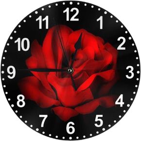 KiuLoam Red Rose on Black Background Round Wall Clock Silent Non Ticking Battery Operated Easy to Read for Student Office School Home Decorative Clock Art