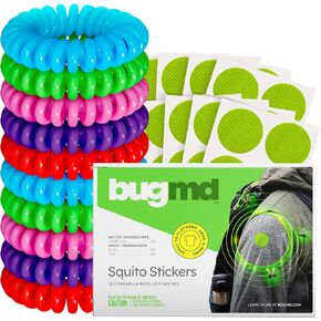 BugMD Mosquito Repellent Bundle: 78 Safe & Effective Squito Stickers and 10 DEET-Free Citronella Bracelets for Kids & Adults - Perfect for Camping, Beach, Hiking & Outdoor Adventures