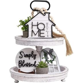 Autumn layered tray decoration, farmhouse style layered tray decoration, consisting of 10 components, including a string of wooden flower garlands, tassels, and an artificial succulent plant