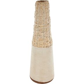 Deco 79 Rattan Geometric Handmade Decorative Vase Woven Centerpiece Vase with Beige Metal Base and Abstract Linear Markings, Vase for Home Decoration 7" x 7" x 22", Light Brown