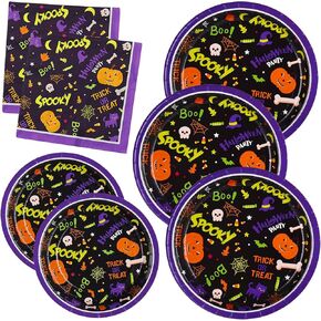 Gatherfun Halloween Party Supplies Disposable Paper Plates Napkins for Spooky Halloween Party Decorations Serve 50