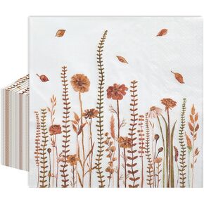 AnyDesign 80Pcs Fall Floral Paper Napkins Disposable Watercolor Wildflower Luncheon Napkins Wild Floral Plants Dessert Dinner Hand Napkin for Autumn Birthday Wedding Party Supplies, 6.5 x 6.5 Inch