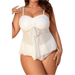 SweatyRocks Women's Plus Size 2 Piece Cami Bikini Set Ruched Drawstring Ruffle Hem Swimsuit
