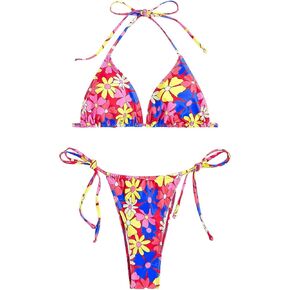 WDIRARA Women's 2 Piece Set Floral Print Halter Swimwear Tie Side Sleeveless Bikini Set