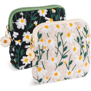 2 Pcs Daisies Sanitary Napkin Storage Bag, Embroidery Period Pad Pouch, Soft Cotton Period Holder Bag Menstrual Cup Pouches Nursing Pad Holder Tampon Bags with Zipper for Women Teen Girls