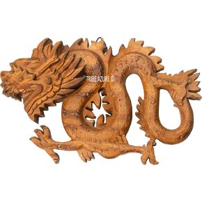 Tribe Azure Fair Trade Wood Carved Wall Haging, Wall Decor, Wall Art, Decorative, Animal, Rustic, Home, Living Room Accent (Round Dragon Medium)