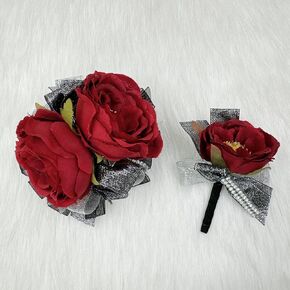 Ansuma Prom Corsage Boutonniere Set for Women and Men, Black Red Rose for Groom Bride Groomsmen Bridesmaid Wedding Artificial Flower Decor Accessories on Dinner Dance Party (Burgundy)