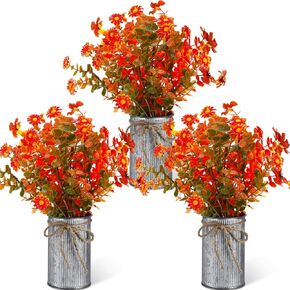 Zeyune 3 Sets Artificial Autumn Flowers Table Centerpiece Vintage Artificial Fall Flowers Decorations Faux Fall Plants with Metal Pots for Thanksgiving Farmhouse Home Office(Vintage Style, 11 Inch)
