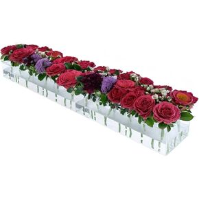 2 Pack Clear Acrylic Flower Vase, Rectangular Floral Centerpiece for Dining Table - 24 Inches Long Rectangle Vase, Low Floral Modern Vases for Home Wedding Dining Table Decor - 24in total (12Holes x2)